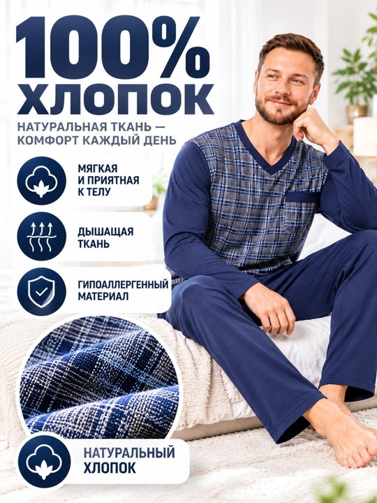 Мужская пижама с лонгсливом и брюками удобный комплект для дома и сна