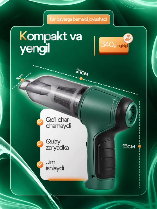 Avtomobil qo‘l changyutgichi 3 tasi 1 da, 12000Pa, ixcham, avto va uy uchun, minAvto
