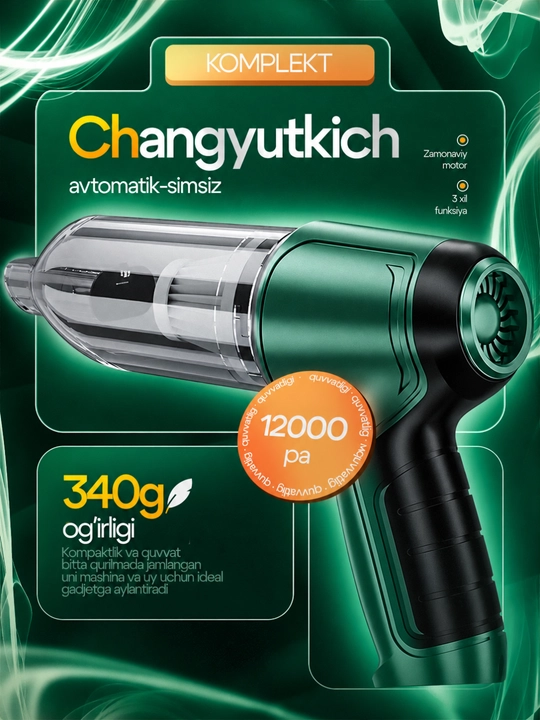 Avtomobil qo‘l changyutgichi 3 tasi 1 da, 12000Pa, ixcham, avto va uy uchun, minAvto