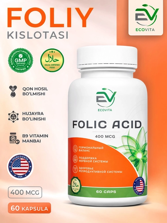 ECOVITA Foliy kislotasi 400 mkg — asab tizimini qo‘llab-quvvatlash uchun, 60 kapsula
