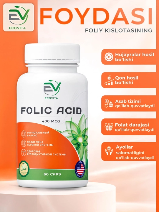 ECOVITA Foliy kislotasi 400 mkg — asab tizimini qo‘llab-quvvatlash uchun, 60 kapsula