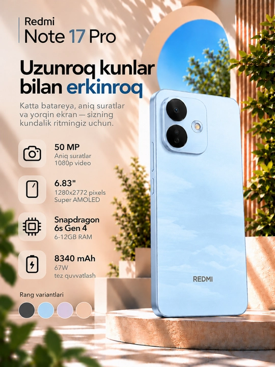 Redmi Note 17 Pro 8/256GB smartfoni, 9000 mAh batareya, AMOLED 120Hz - 