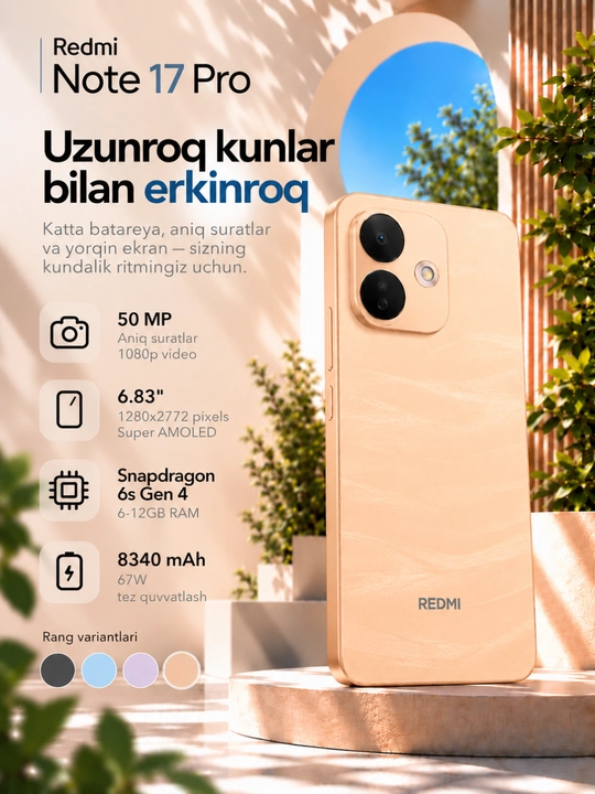 Redmi Note 17 Pro 8/256GB smartfoni, 9000 mAh batareya, AMOLED 120Hz - 