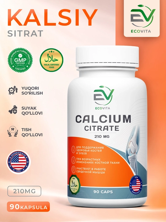 ECOVITA Calcium Citrate 210 mg — suyaklar va tishlar salomatligi uchun, 90 kapsula