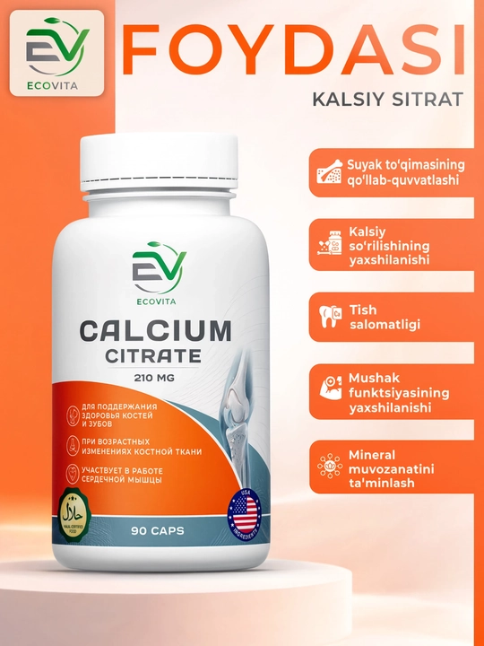 ECOVITA Calcium Citrate 210 mg — suyaklar va tishlar salomatligi uchun, 90 kapsula
