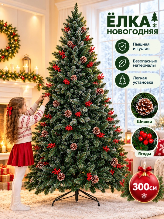 Qor sepilgan sun'iy archa (sosna), sergapuk va mustahkam shoxli, 300 sm gacha - 