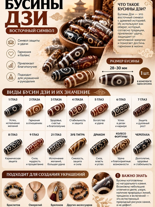 Dekorativ Dzi munchoq, 28–30 mm, 1 dona