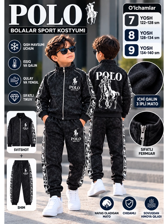 O‘g‘il bolalar uchun POLO qishki sport kostyumi, 3 ipli qalin dvoyka, 7–9 yosh