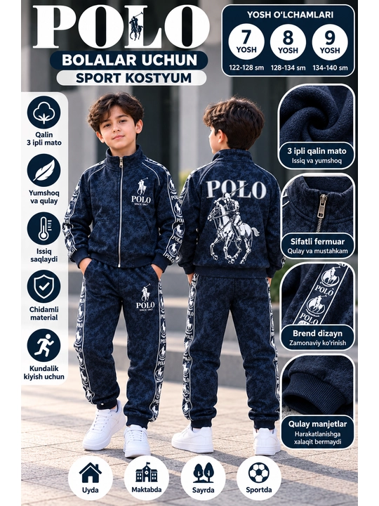 O‘g‘il bolalar uchun POLO qishki sport kostyumi, 3 ipli qalin dvoyka, 7–9 yosh
