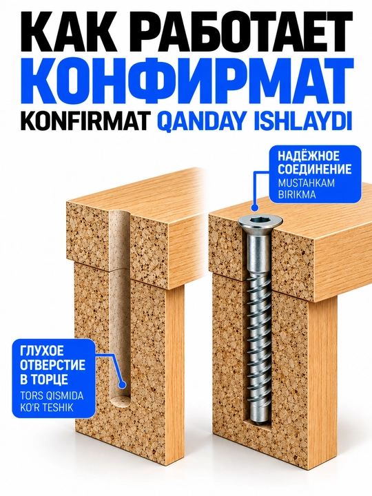 Konfirmat mebel uchun vintlari 6,3×50 mm va 7×70 mm