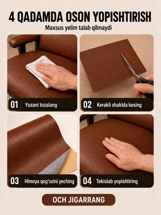Yelimli sun’iy charm, mebel va avtomobil o‘rindiqlarini ta’mirlash uchun