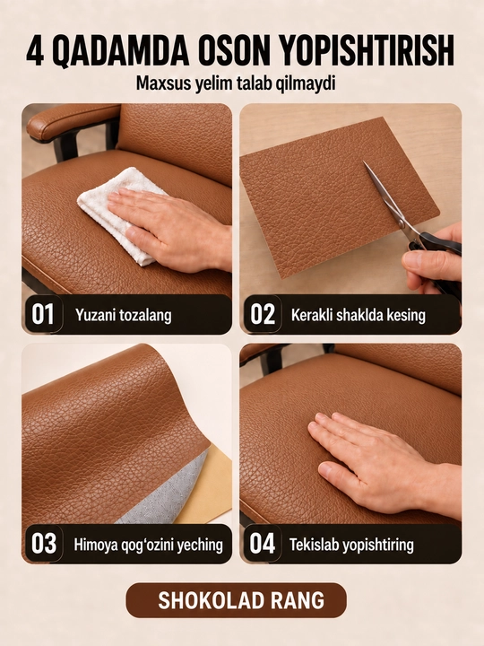 Yelimli sun’iy charm, mebel va avtomobil o‘rindiqlarini ta’mirlash uchun