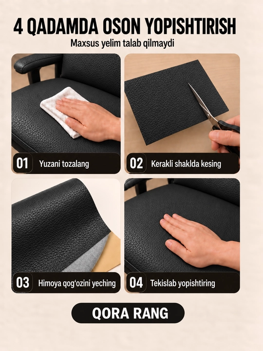 Yelimli sun’iy charm, mebel va avtomobil o‘rindiqlarini ta’mirlash uchun