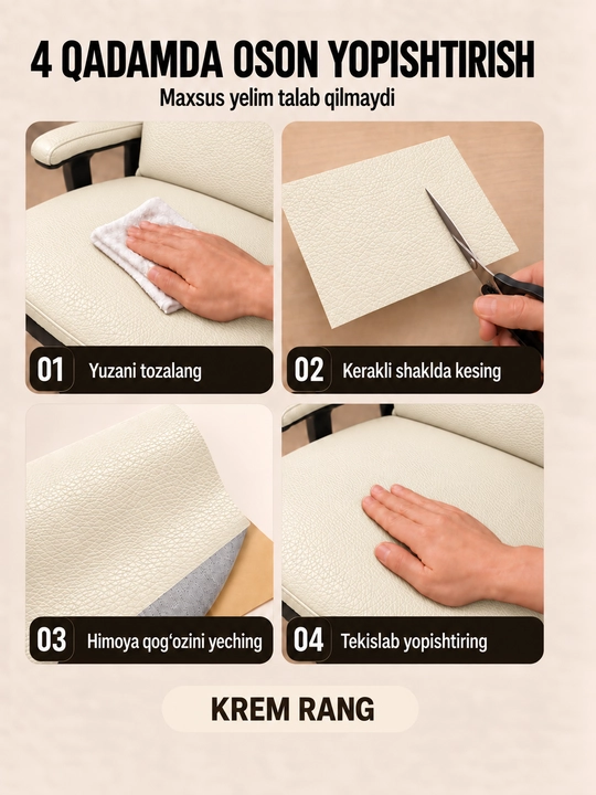 Yelimli sun’iy charm, mebel va avtomobil o‘rindiqlarini ta’mirlash uchun