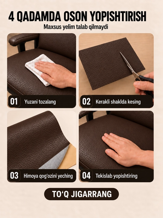 Yelimli sun’iy charm, mebel va avtomobil o‘rindiqlarini ta’mirlash uchun