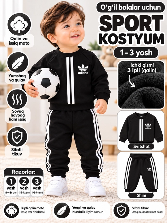 Детский спортивный костюм Adidas, теплая двойка, свитшот и штаны, 1–3 года