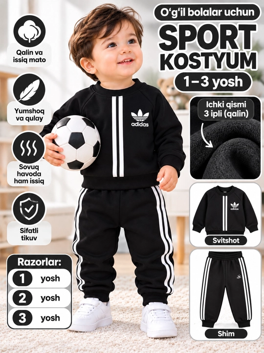 Детский спортивный костюм Adidas, теплая двойка, свитшот и штаны, 1–3 года