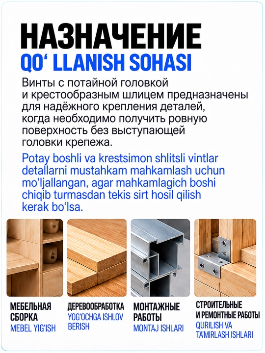 Vintlar yashirin kallali M3–M12, uzunligi 10–120 mm