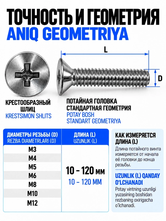 Vintlar yashirin kallali M3–M12, uzunligi 10–120 mm