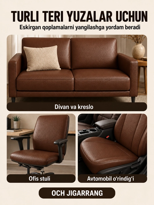 Yelimli sun’iy charm, mebel va avtomobil o‘rindiqlarini ta’mirlash uchun