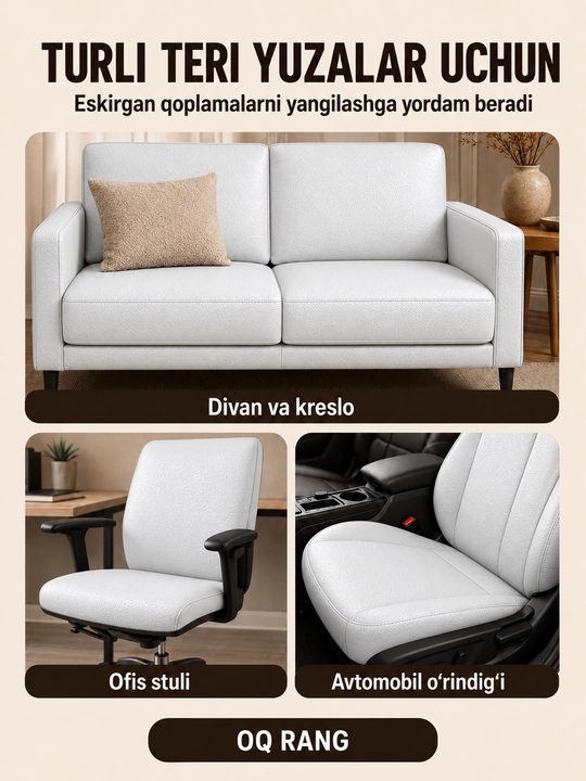 Yelimli sun’iy charm, mebel va avtomobil o‘rindiqlarini ta’mirlash uchun