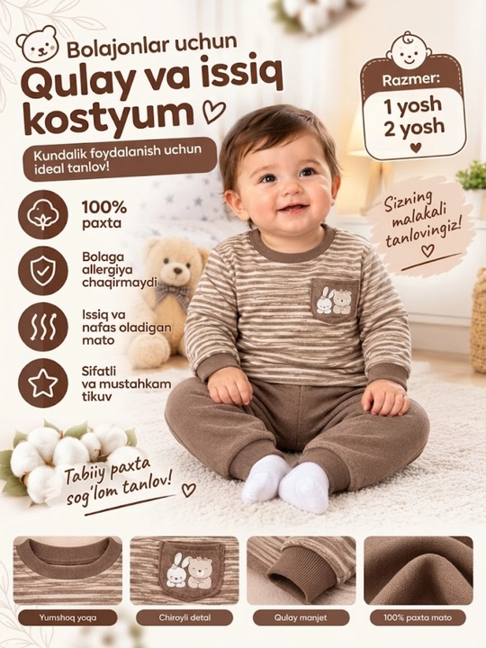Bolalar pijamasi, yang tug‘ilgan chaqaloqla uchun kiyim, kuzgi kiyim, paxtali, raspashonka - 