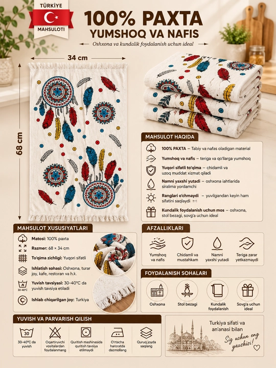 Кухонное полотенце, 68×34 см, 100% хлопок, Турция