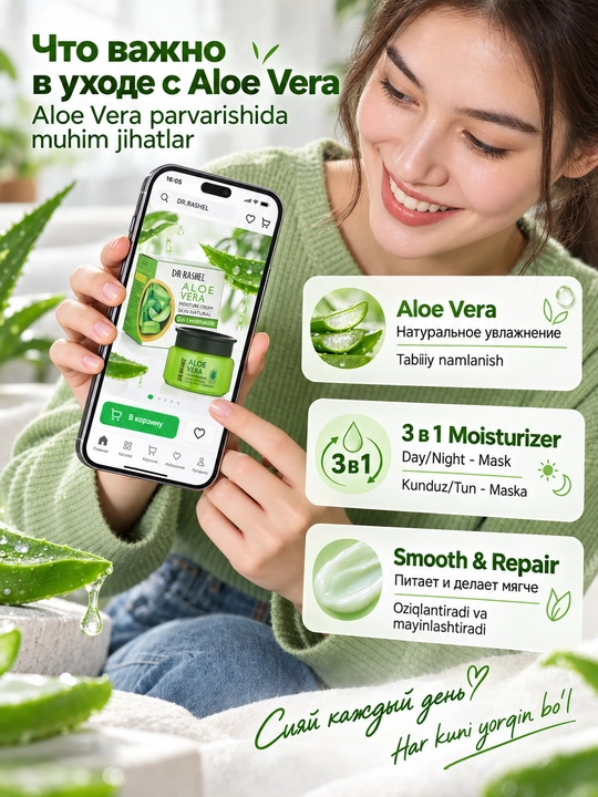 Dr.Rashel Aloe verali 3 in 1 yuz kremi, namlantirish, oziqlantirish va parvarish, 50 g