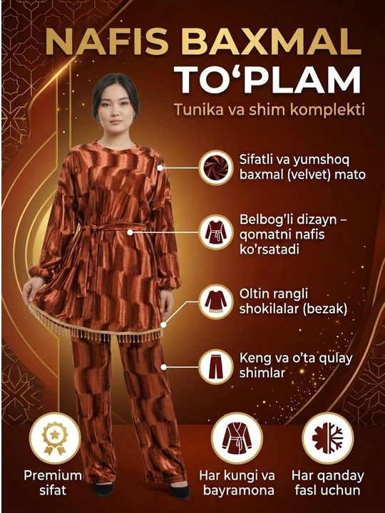 Erkin bichimli ayollar baxmal kostyumi - 