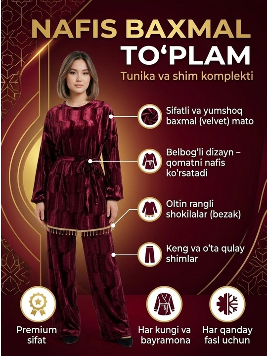 Erkin bichimli ayollar baxmal kostyumi - 