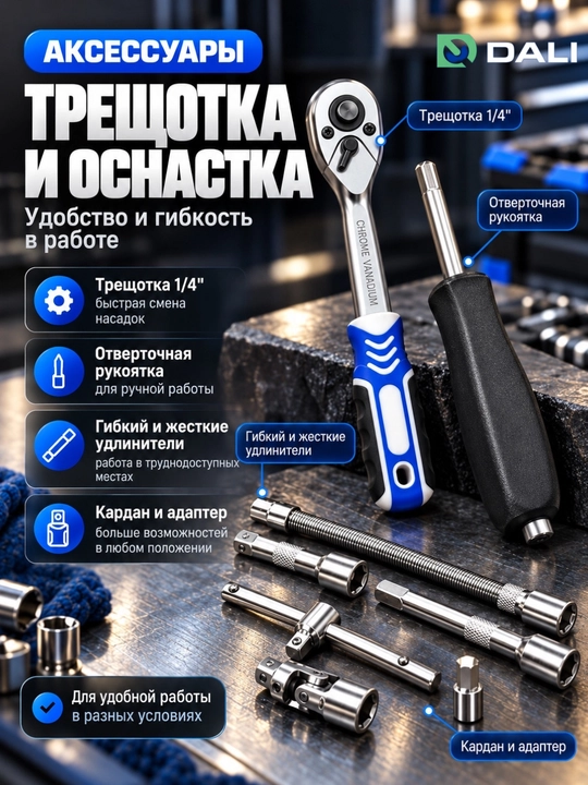Набор торцевых головок DALI 46 предметов, 1/4 дюйма, с трещоткой