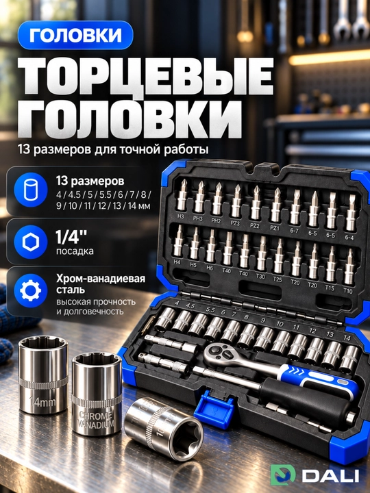 Набор торцевых головок DALI 46 предметов, 1/4 дюйма, с трещоткой