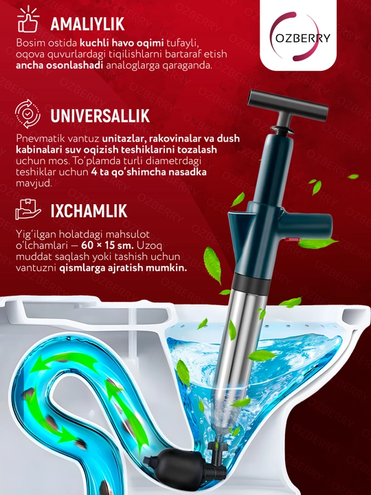 Unitaz va rakovina tiqilib qolgan quvurlarini tozalash uchun pnevmatik vantuz, to‘plam