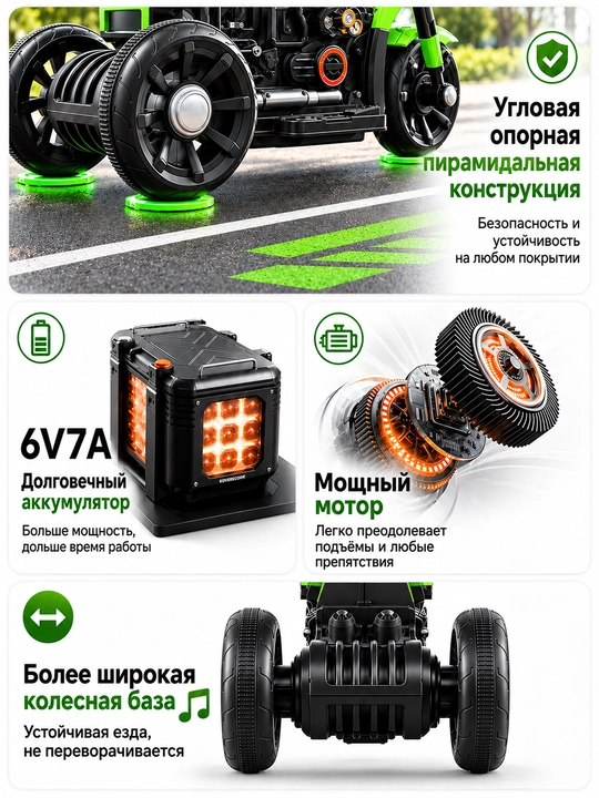 Bolalar elektr mototsikli, 3 g‘ildirakli, BT, musiqa, chiroq, 6V4.5Ah