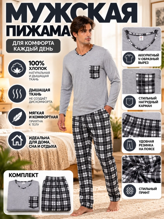 Erkaklar pijamasi longsliv va shim bilan - 