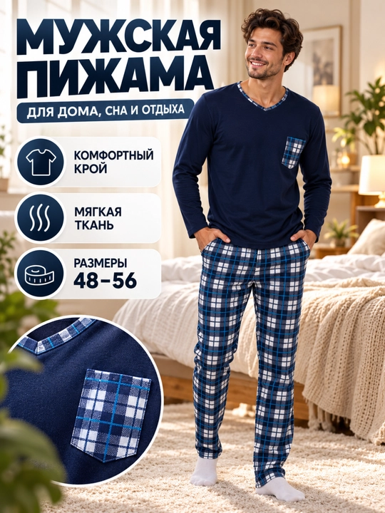 Erkaklar pijamasi longsliv va shim bilan - 