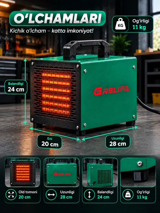 Тепловая пушка GRELIFA 5 кВт — керамический обогреватель до 50 м², 2 режима