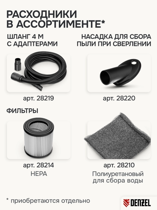 Строительный пылесос DENZEL RVC20, 1400 Вт, бак 20л, шланг 3м, розетка с автосинхр, 28202