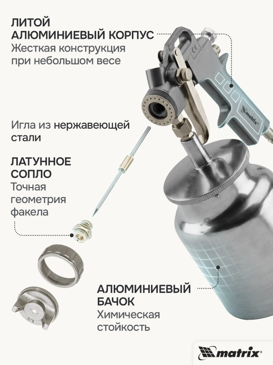 MATRIX bo‘yoq purkagichi, pnevmatik, V 1.0 l, soplolari 1.2, 1.5 va 1.8 mm, 57316