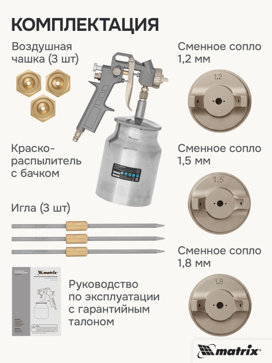MATRIX bo‘yoq purkagichi, pnevmatik, V 1.0 l, soplolari 1.2, 1.5 va 1.8 mm, 57316