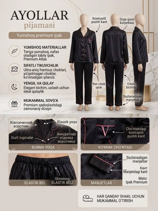 Ayollar uchun uzun yengli uzun shimli pijama – kuz, qish va bahor uchun