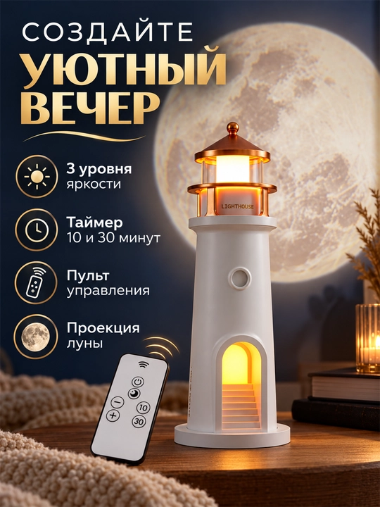 Ночник-проектор Луны для детской комнаты, маяк с пультом, 3 режима света