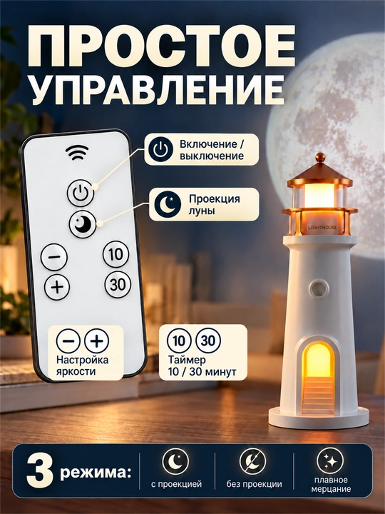 Ночник-проектор Луны для детской комнаты, маяк с пультом, 3 режима света