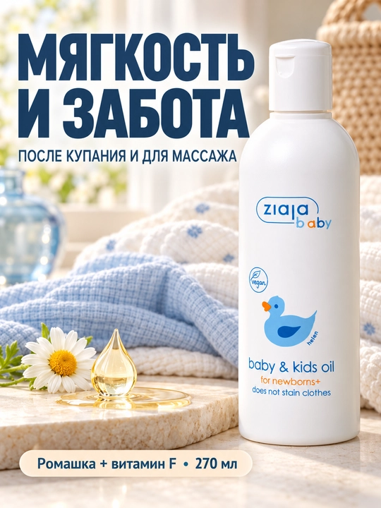 Chaqaloqlar uchun moy Ziaja Baby, tana moyi, massaj uchun, tug‘ilgandan boshlab, 270 ml