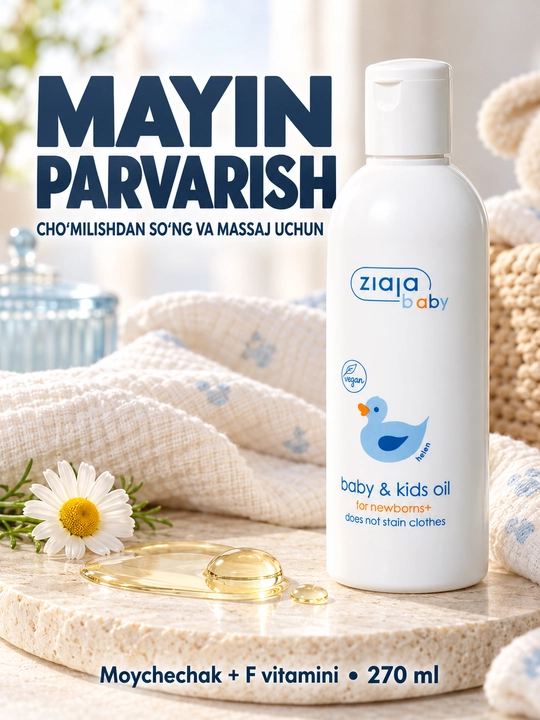 Chaqaloqlar uchun moy Ziaja Baby, tana moyi, massaj uchun, tug‘ilgandan boshlab, 270 ml