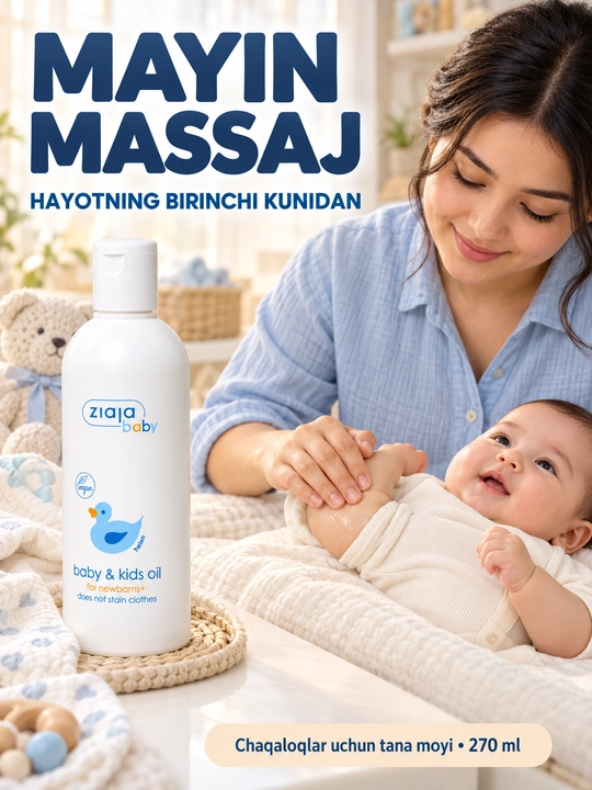 Chaqaloqlar uchun moy Ziaja Baby, tana moyi, massaj uchun, tug‘ilgandan boshlab, 270 ml