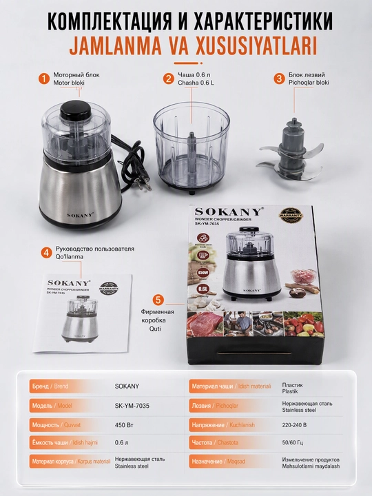 Измельчитель SOKANY SK-06061, 0,7 л, 300 Вт, для детского пюре