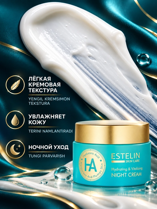 ESTELIN Gialuron kislotali tungi yuz kremi, chuqur namlantirish va silliqlik, 50 g
