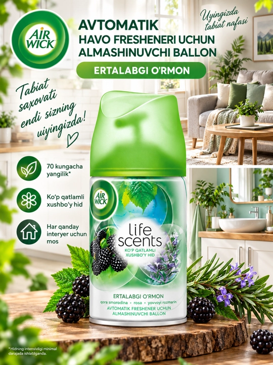 Air Wick avtomatik havo yangilagichi uchun almashtiriladigan ballon Tonggi o‘rmon 250 ml