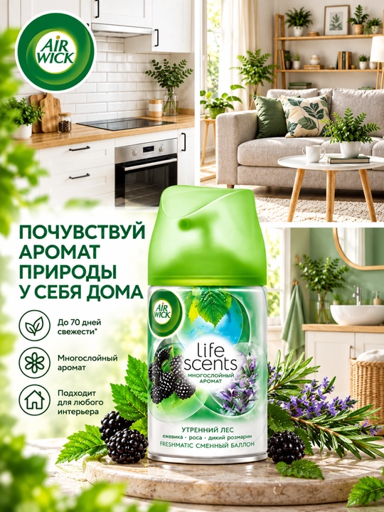 Air Wick avtomatik havo yangilagichi uchun almashtiriladigan ballon Tonggi o‘rmon 250 ml